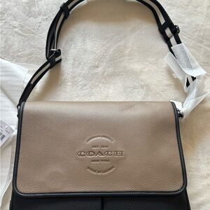 Coach Two-Tone Taupe and Black Leather Crossbody with Striped Strap